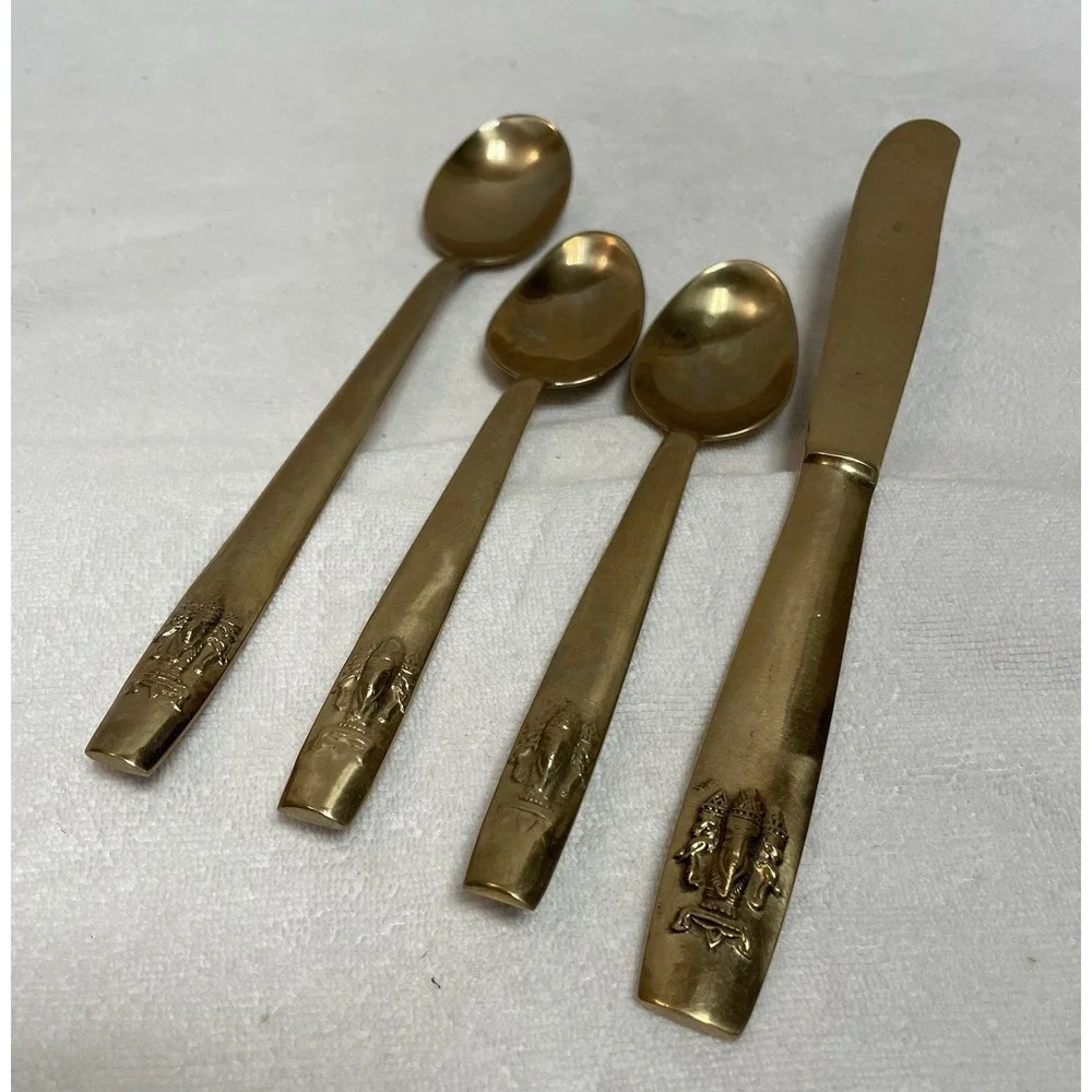 Bronze Ware Flatware 4 Piece 3 Head Elephant Design Bronze Knife Spoons Vtg Siam